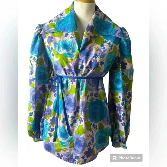 Retro vintage style HANDMADE woman’s pleated top floral BOLD pattern - Picture 8 of 9